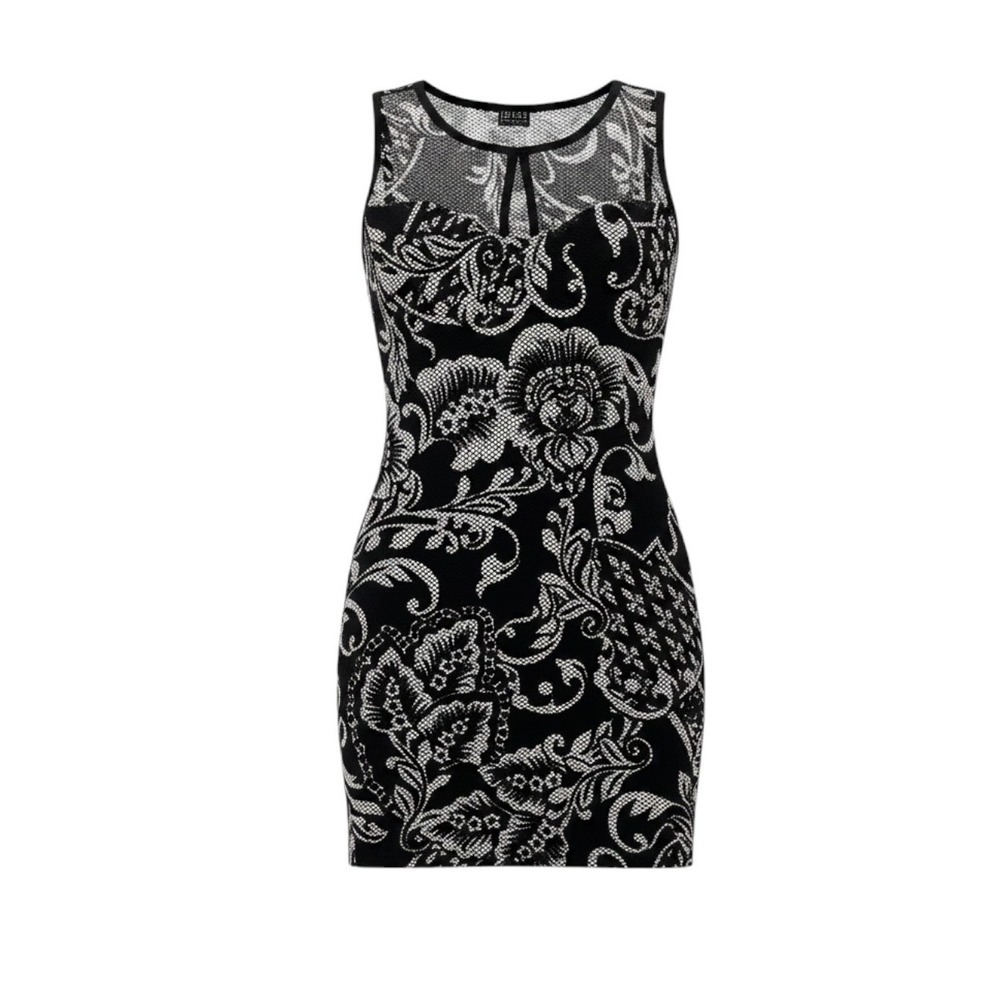 Joyce Leslie Womens Y2K Mesh Floral Paisley Bodycon Mini Dress Black White L